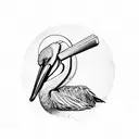 A black and grey sketch of a pelican chilling on a hammock with headphones on tattoo design idea