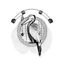 A black and grey sketch of a pelican chilling on a hammock with headphones on tattoo design idea