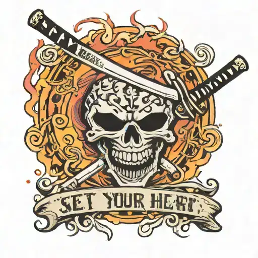 The quote "set your heart ablaze" inside a katana and the katana is on fire  tattoo design idea