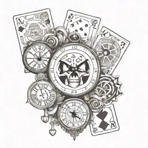 top part is clock in roman numerals, below is 4 cards (J,K,A,Joker) below this add 2 dices (5 and 3 dots) tattoo design idea