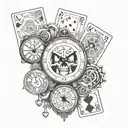top part is clock in roman numerals, below is 4 cards (J,K,A,Joker) below this add 2 dices (5 and 3 dots) tattoo design idea