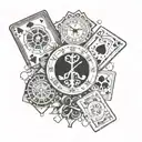 top part is clock in roman numerals, below is 4 cards (J,K,A,Joker) below this add 2 dices (5 and 3 dots) tattoo design idea