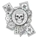 top part is clock in roman numerals, below is 4 cards (J,K,A,Joker) below this add 2 dices (5 and 3 dots) tattoo design idea