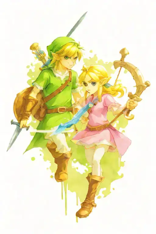 A timeline of the character Link from the game The Legend of Zelda and opposite Princess Zelda tattoo design idea