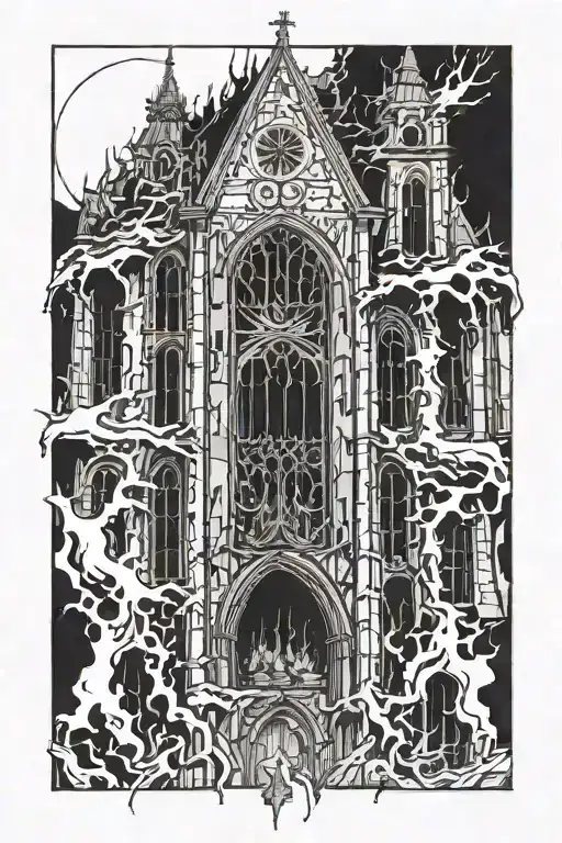 A  Gothic-style church engulfed in flames. Distorted architecture Windows shattered or with demonic faces peering out tattoo design idea