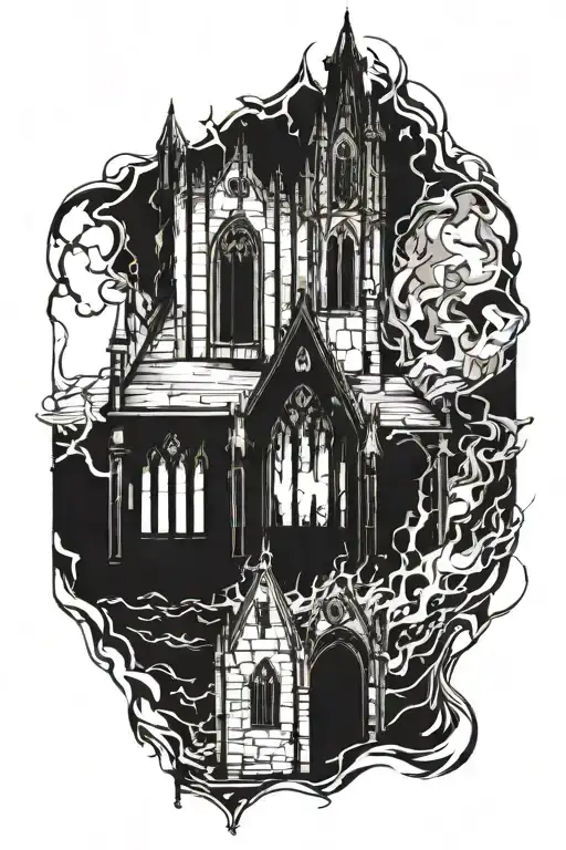 A  Gothic-style church engulfed in flames. Distorted architecture Windows shattered or with demonic faces peering out tattoo design idea