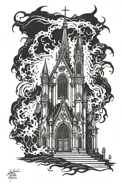 Concept: Main Focus:  A Gothic-style church engulfed in flames. Flames in shades of red and black, creating an eerie glo tattoo design idea