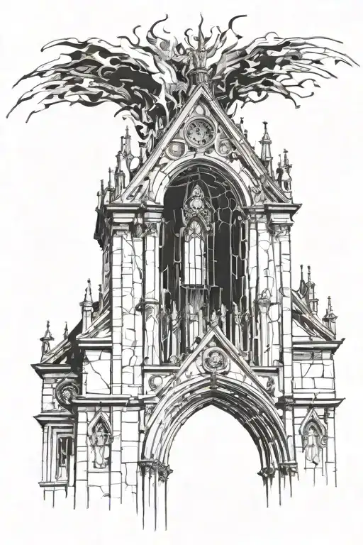 A  Gothic-style church engulfed in flames. Distorted architecture Windows shattered or with demonic faces peering out tattoo design idea