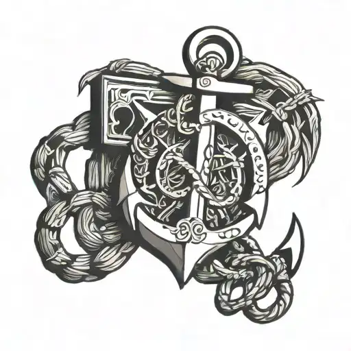 A blackwork tattoo of a navy anchor with gaming symbols incorporated into the design, symbolizing your love for both the navy and gaming tattoo design idea