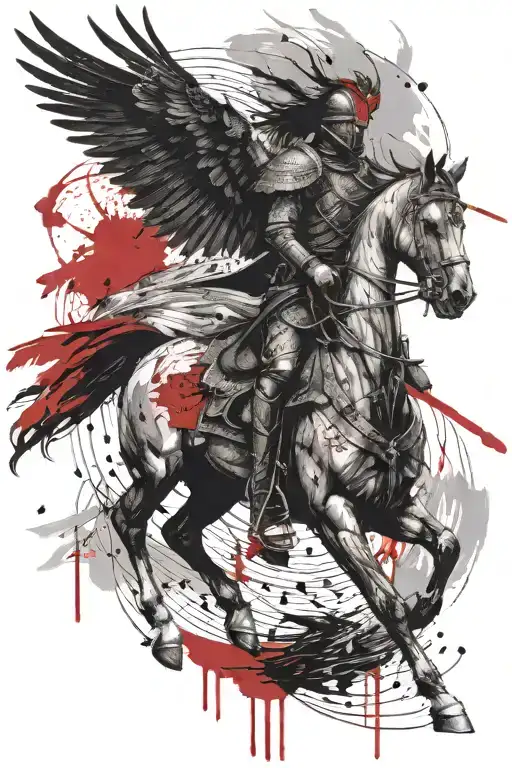 winged hussar riding with raven flying tattoo design idea