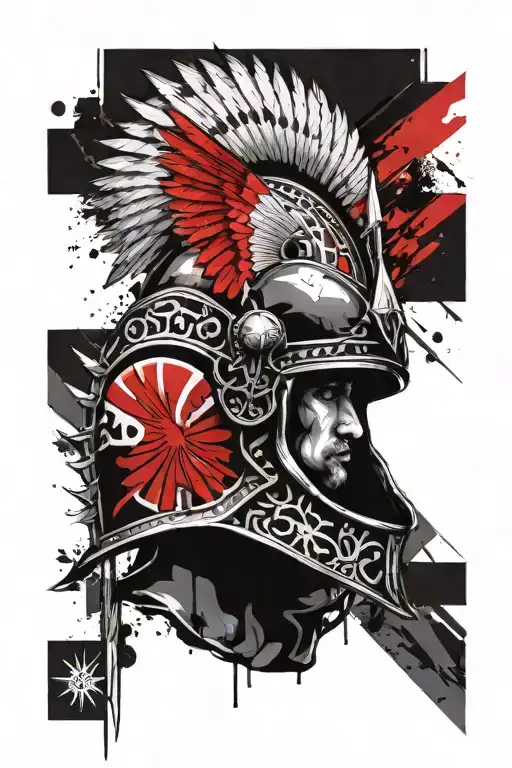 winged hussar helmet with geometric patterns in the background tattoo design idea