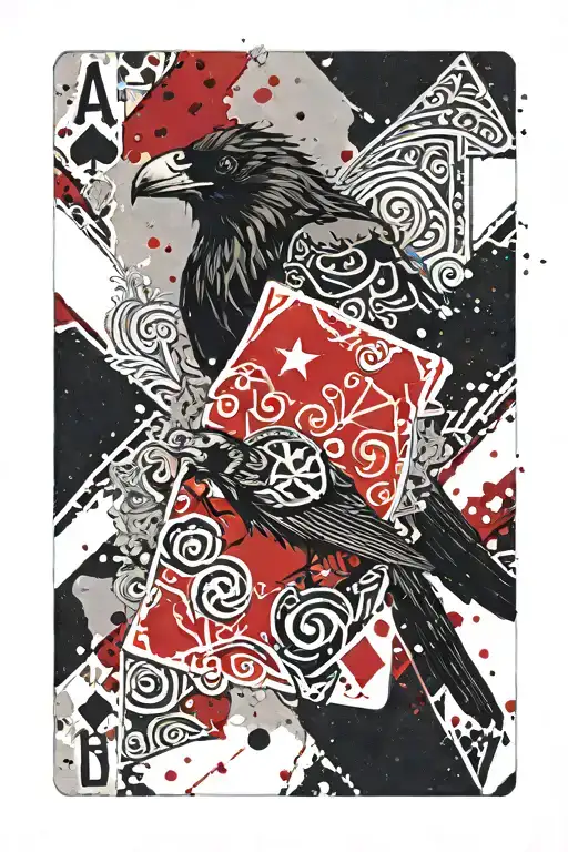 jack of diamonds playing card with five pointed stars and a flying raven  tattoo design idea