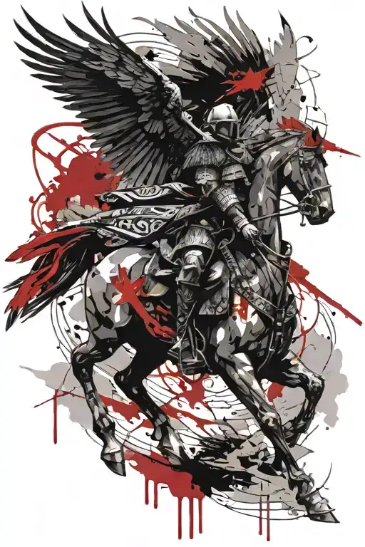 winged hussar riding with raven flying tattoo design idea