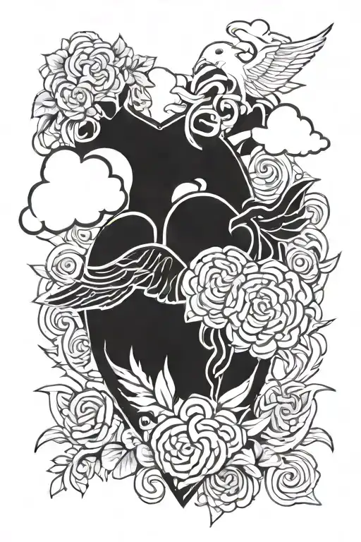 heart with a greek colummn and anime japanesse cloud  tattoo design idea