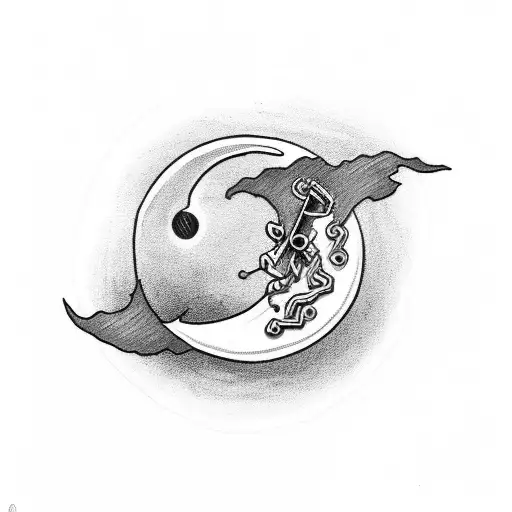A black-grey tattoo of a safety pin transforming into a crescent moon tattoo design idea