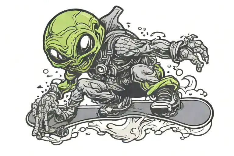 alien doing a snowboard trick   tattoo design idea