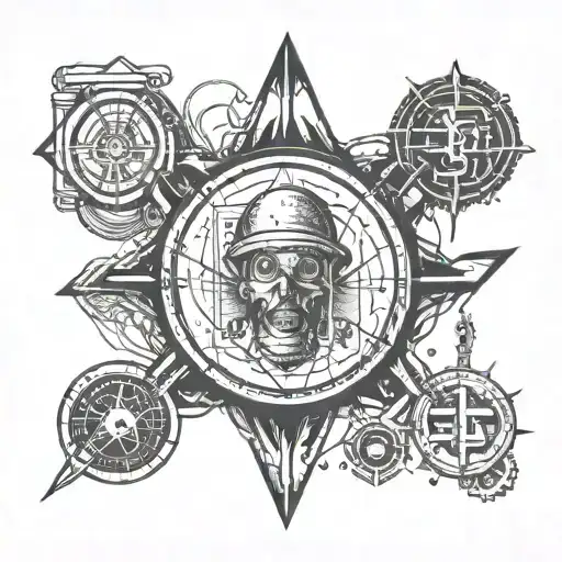 An electrician's tools morphing into occult symbols, representing the hidden power within everyday objects tattoo design idea