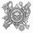 An electrician's tools morphing into occult symbols, representing the hidden power within everyday objects tattoo design idea