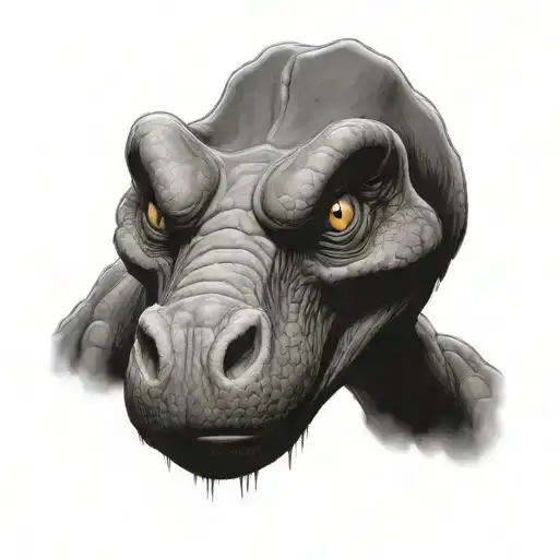 A detailed black-grey portrait of Littlefoot from 'The Land Before Time' with a serene expression, capturing the nostalgia and love for the classic movie tattoo design idea