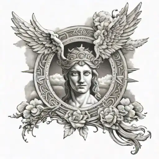 a path to heaven surrounded by Greek angels with an eye at the end all surrounded by clouds and on the forearm tattoo design idea