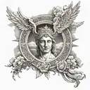 a path to heaven surrounded by Greek angels with an eye at the end all surrounded by clouds and on the forearm tattoo design idea