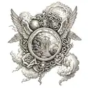 a path to heaven surrounded by Greek angels with an eye at the end all surrounded by clouds and on the forearm tattoo design idea