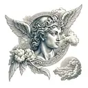 a path to heaven surrounded by Greek angels with an eye at the end all surrounded by clouds and on the forearm tattoo design idea