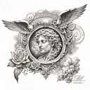a path to heaven surrounded by Greek angels with an eye at the end all surrounded by clouds and on the forearm tattoo design idea