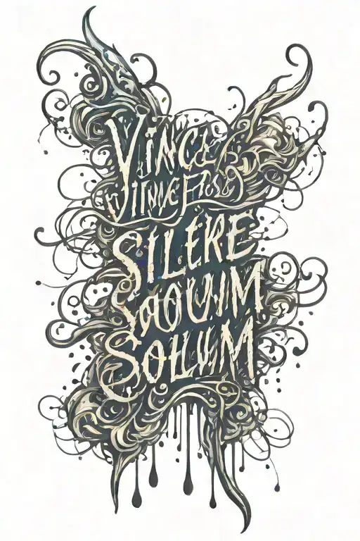 the phrase "Vincere solum" in cursive script. Surround the text with a medical needle dropping toxic drops to bleed into tattoo design idea