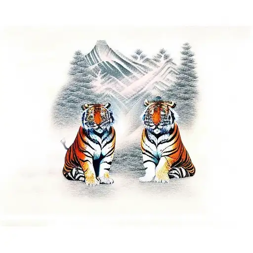1 adult tiger and 1 baby tiger in front of a forest tattoo design idea