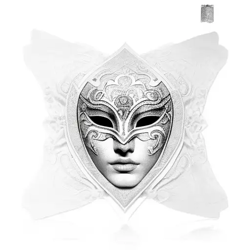 venetian mask at a thee quarter angle with an abstract pattern coming out of it tattoo design idea