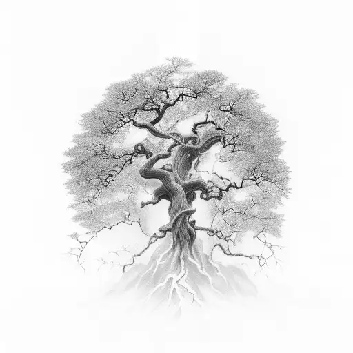 A majestic oak tree with lightning bolts striking its branches, surrounded by Japanese fauna tattoo design idea