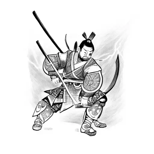 A fierce samurai warrior lifting a barbell made of lightning bolts tattoo design idea