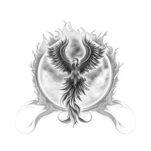 A black-grey tattoo of a phoenix rising from ashes, symbolizing the ability to overcome challenges and thrive through hustling tattoo design idea