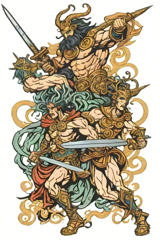 ares and medusa and hades and posidon fighting eachother very hard with their weapons tattoo design idea