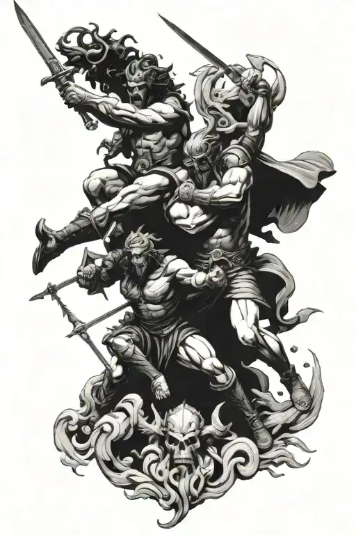 ares and medusa and hades and posidon fighting eachother very hard with their weapons tattoo design idea