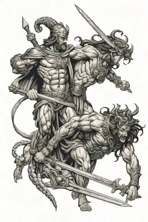 ares and medusa and hades and posidon fighting eachother very hard with their weapons tattoo design idea