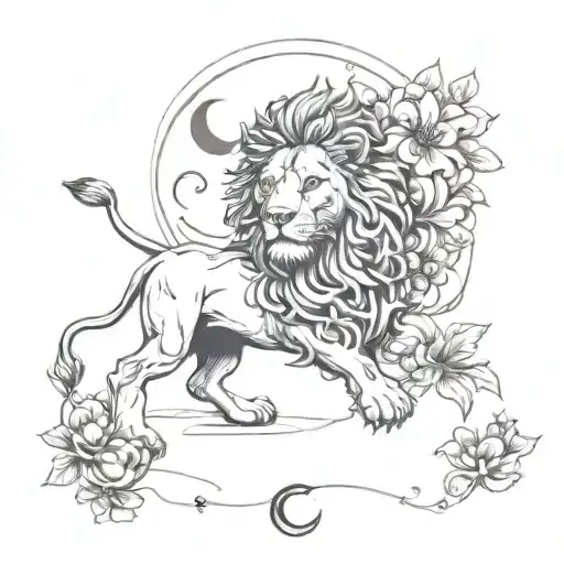 A lion and scorpion morphed into a mythical creature, with chrysanthemums and a walnut tree as its habitat, with a crescent moon and clock elements tattoo design idea