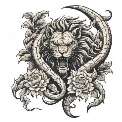 A tattoo design featuring a scorpion and lion intertwined, surrounded by chrysanthemum flowers and a walnut tree, symbolizing strength and protection in the afterlife tattoo design idea