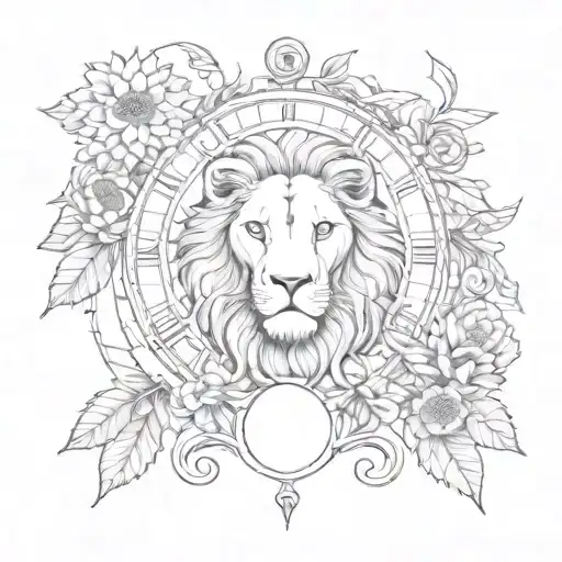 A detailed lion and scorpion in a realistic style, surrounded by intricate chrysanthemum patterns and a walnut tree, with a crescent moon and clock peeking through the design tattoo design idea