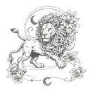 A lion and scorpion morphed into a mythical creature, with chrysanthemums and a walnut tree as its habitat, with a crescent moon and clock elements tattoo design idea