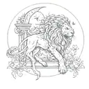 A lion and scorpion morphed into a mythical creature, with chrysanthemums and a walnut tree as its habitat, with a crescent moon and clock elements tattoo design idea