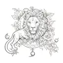 A lion and scorpion morphed into a mythical creature, with chrysanthemums and a walnut tree as its habitat, with a crescent moon and clock elements tattoo design idea