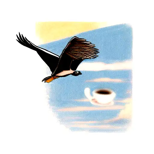 A condor soaring above a vintage car with a coffee cup in its talons tattoo design idea