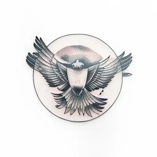 A condor soaring above a vintage car with a coffee cup in its talons tattoo design idea