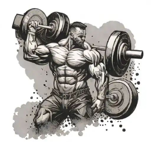 A tattoo design of a muscular figure lifting weights with a shadowy figure behind them, symbolizing the struggle with inner demons while finding solace in the gym tattoo design idea