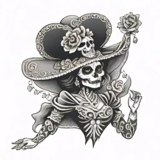 Mexican female catrina dress dancing tattoo design idea