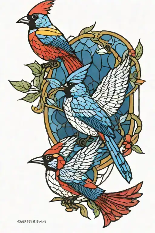 Stained glass window depicting a cardinal, hummingbird, blue jay, and peacock. tattoo design idea