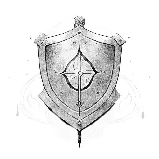 medieval heater shield with a swirly design on it and a sword behind it tattoo design idea