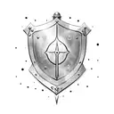 medieval heater shield with a swirly design on it and a sword behind it tattoo design idea